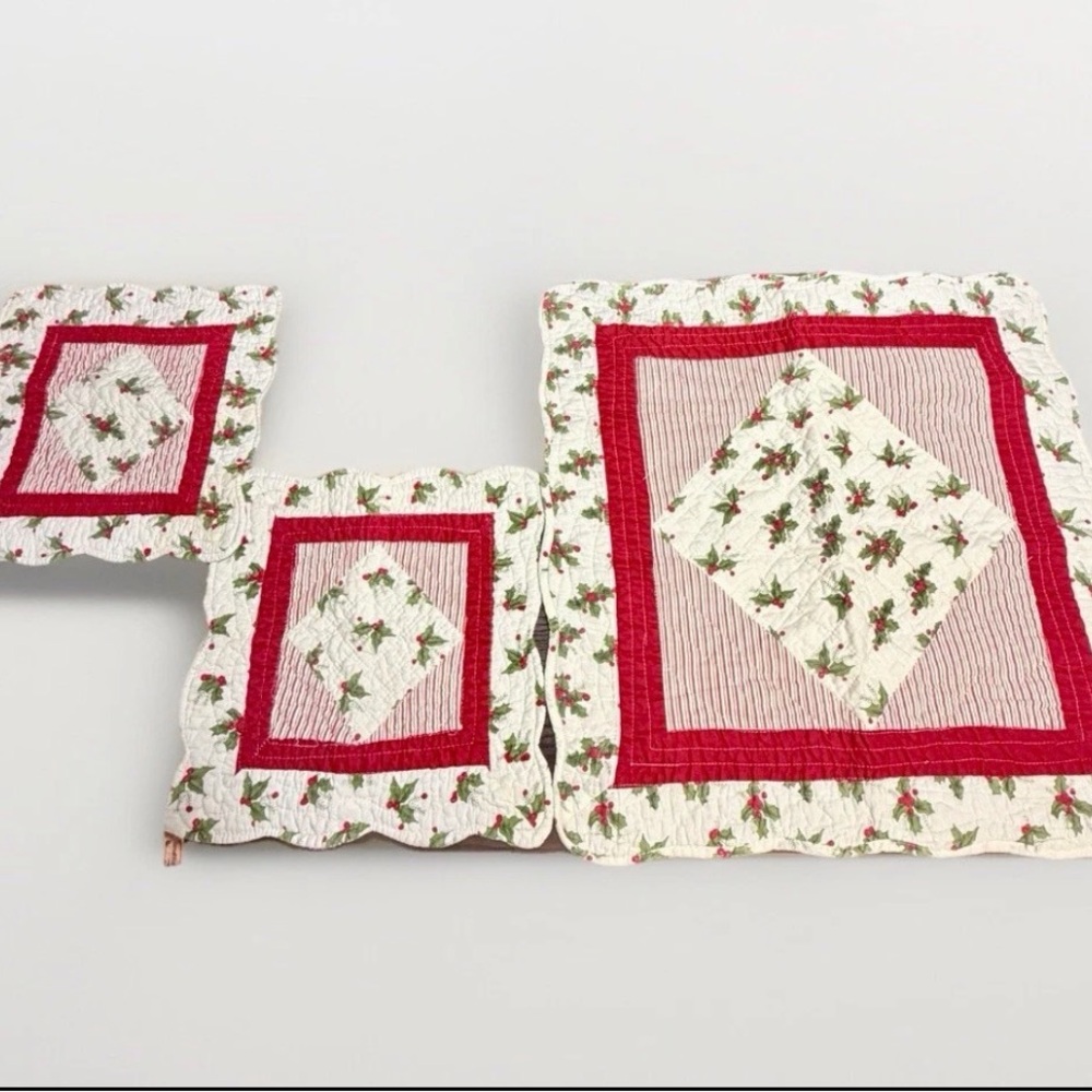 Great Finds Collect Quilted Table Topper Christmas Holly, Red & Stripe Set Of 3